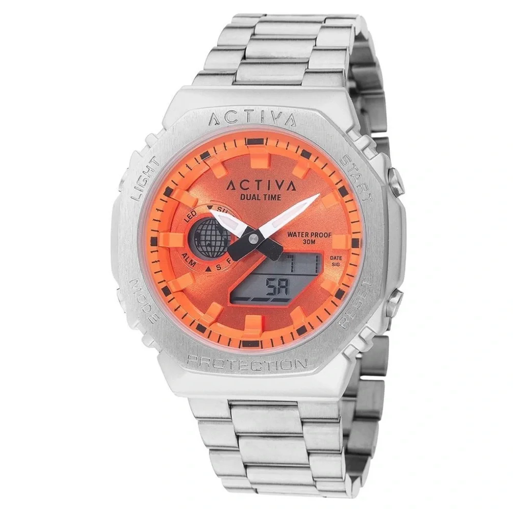 New ACTIVA x INVICTA DIGITAL ESSENTIALS Unisex 45.5mm Alloy Silver / Orange Face